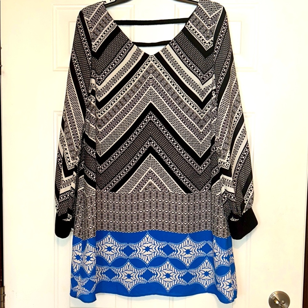 Takara Prim & Proper V-Neck Lined Abstract Shift Dress M Career Geometric Bold